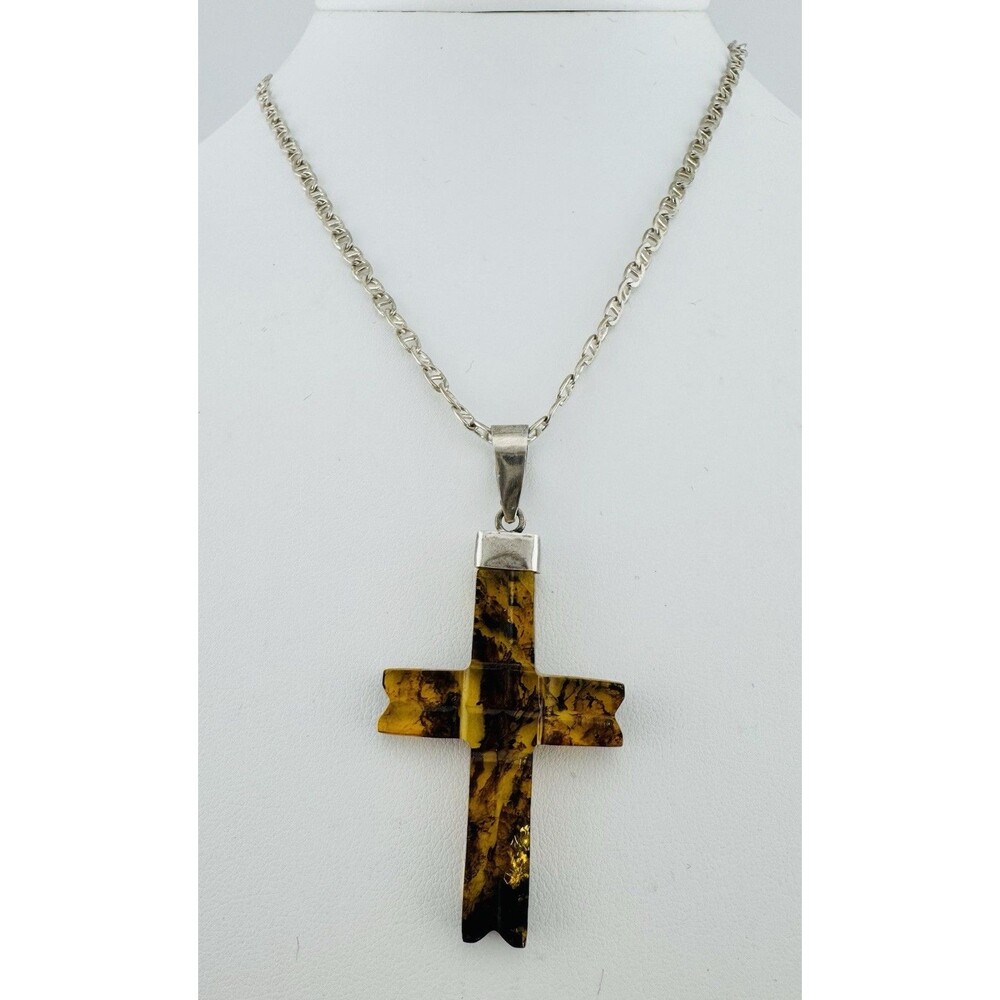 Vintage Sterling Silver Amber Cross Necklace 925 Italy 16in Chain 2.5in Pendant